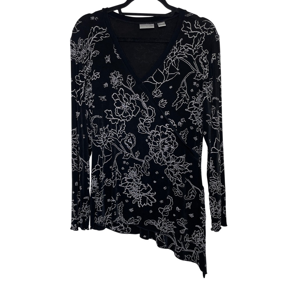 Chicos Travelers Faux Wrap Top Women Large Black‎ White Floral Asymmetrical Hem